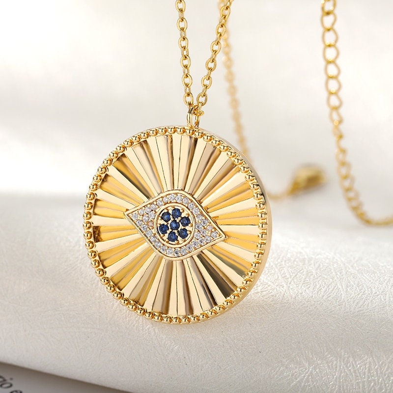 18K Gold Medallion Evil Eye Charm, Gothic Evil Eye Necklace, Gothic Fashion Necklace for Women, Gift for Her