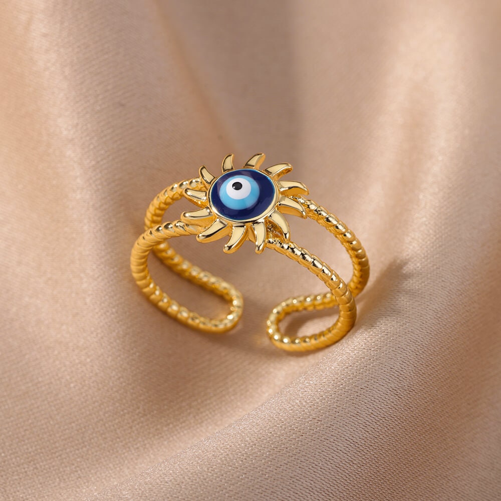 Evil Eye Open Ring, Evil Eye Ring, 18K Gold Evil Eye Ring, Evil Eye Sun Ring, Gothic Fashion Ring for Women, Gift for Her