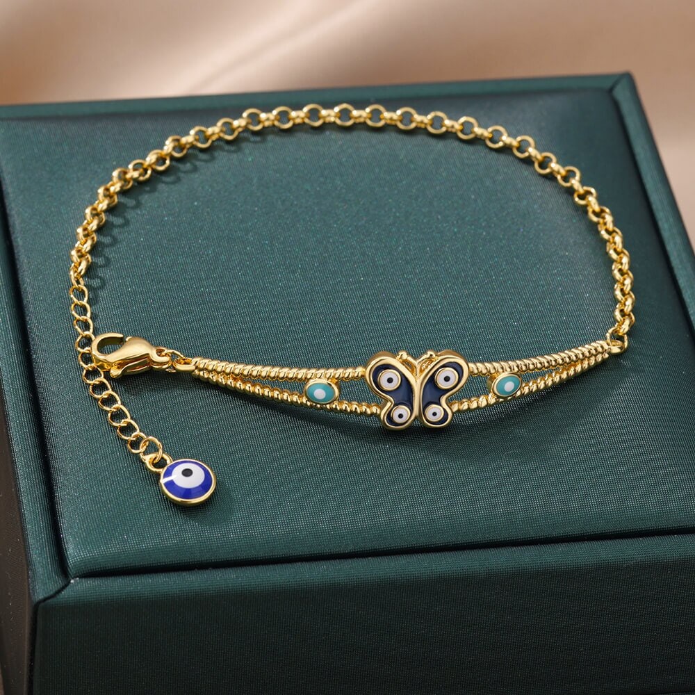 Evil Eye Bracelet, Butterfly Evil Eye, Gothic Evil Eye, 18K Gold Evil Eye Bracelet for Women, Gift for Her