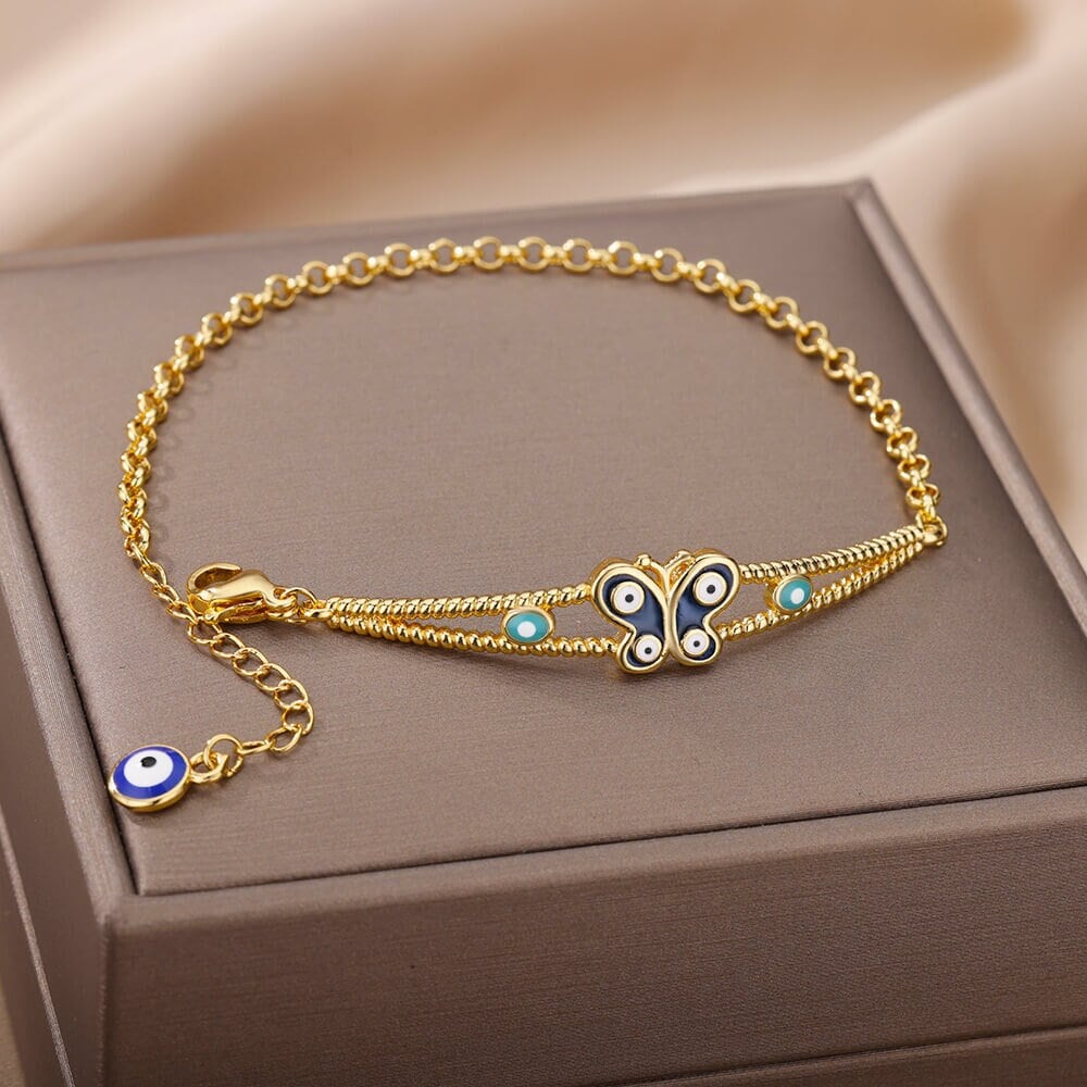 Evil Eye Bracelet, Butterfly Evil Eye, Gothic Evil Eye, 18K Gold Evil Eye Bracelet for Women, Gift for Her