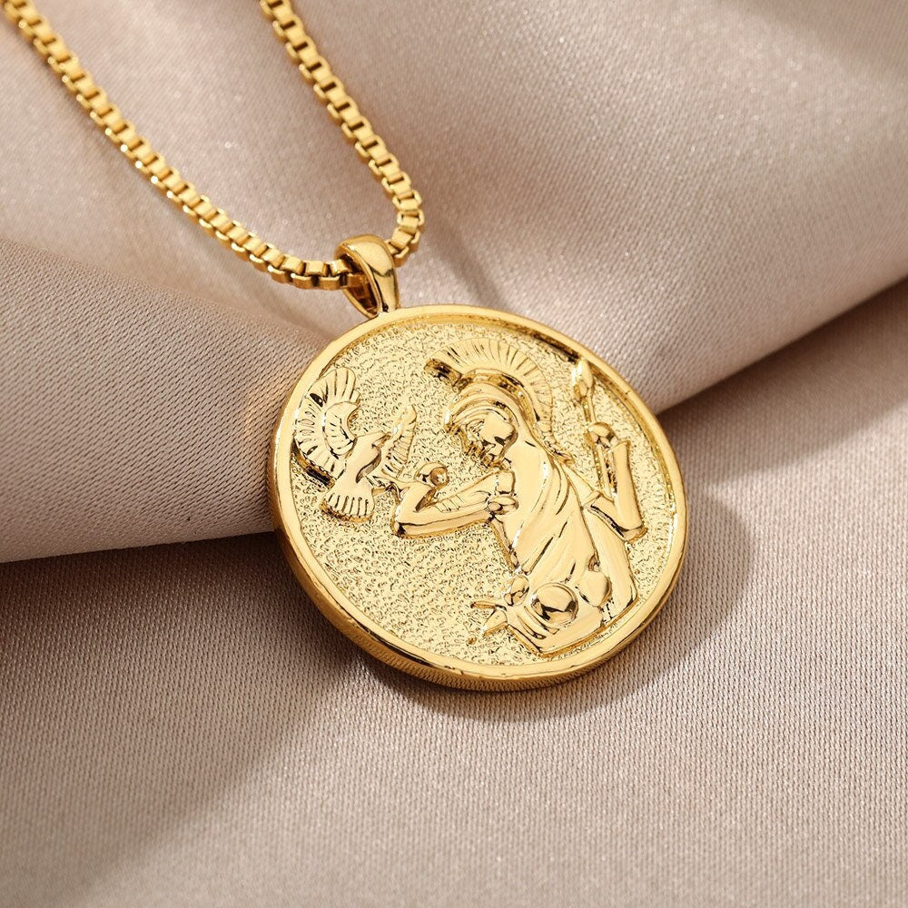 Greek Goddess Athena Coin Pendant, Gold Goddess Necklace, 18K Gold Plated Dainty