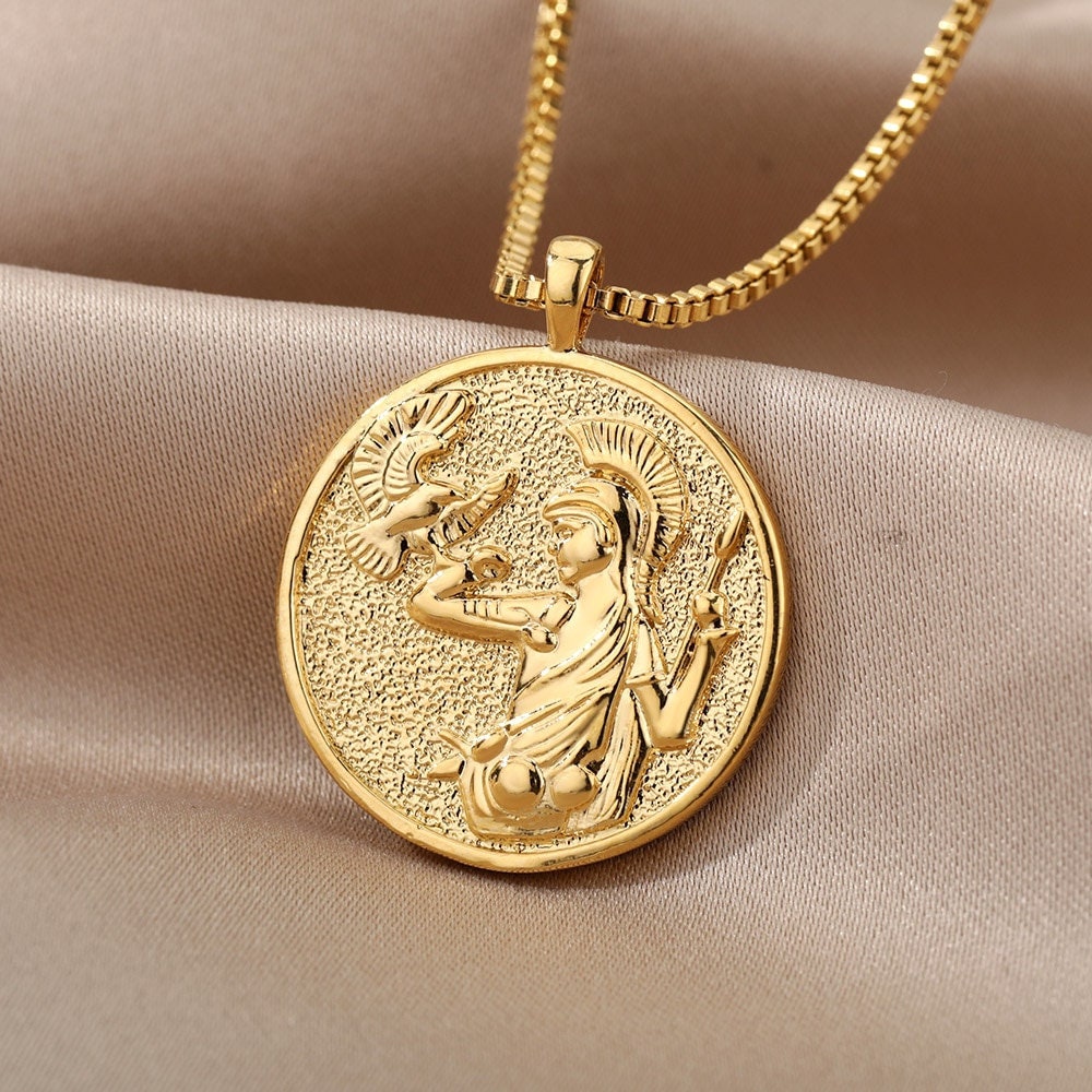 Greek Goddess Athena Coin Pendant, Gold Goddess Necklace, 18K Gold Plated Dainty