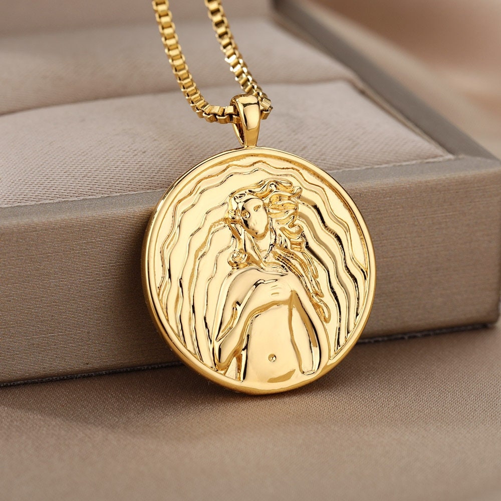 18K Greek Gold Plated Aphrodite Goddess Pendant, Dainty Women&