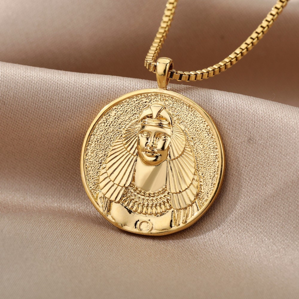 Greek Mythology Cleopatra Goddess, 18K Gold Plated Pendant For Women, Gothic Dainty Necklace, Choker Chain, Punk Minimalist Layering Coin