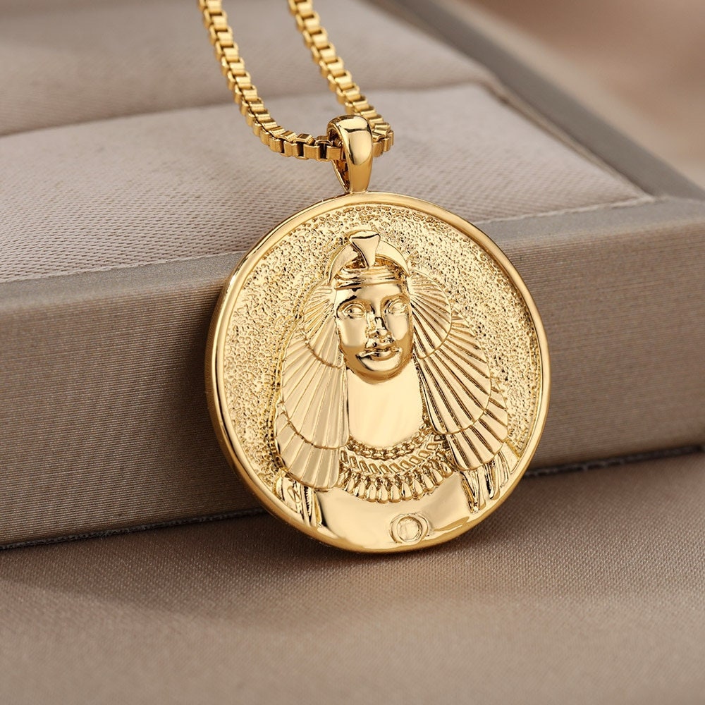 Greek Mythology Cleopatra Goddess, 18K Gold Plated Pendant For Women, Gothic Dainty Necklace, Choker Chain, Punk Minimalist Layering Coin