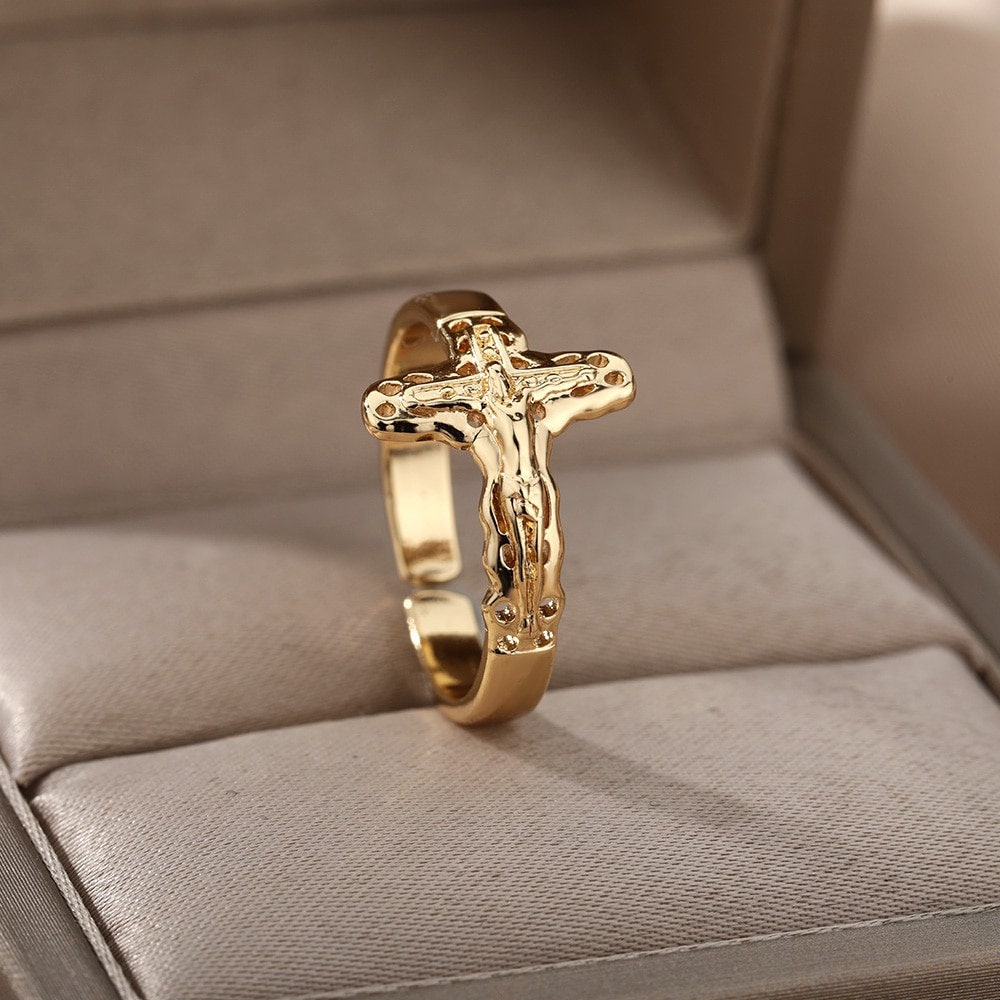 Dainty Catholic Cross Ring, Gold Religious Cross Ring, 18K Gold Plated Gothic