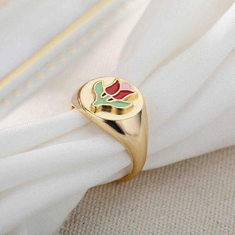 18K Gold Tulip Ring, Gold Flower Ring, Flower Signet Ring, Tulip Signet Ring, Korean Fashion Ring for Women, Gift for Her