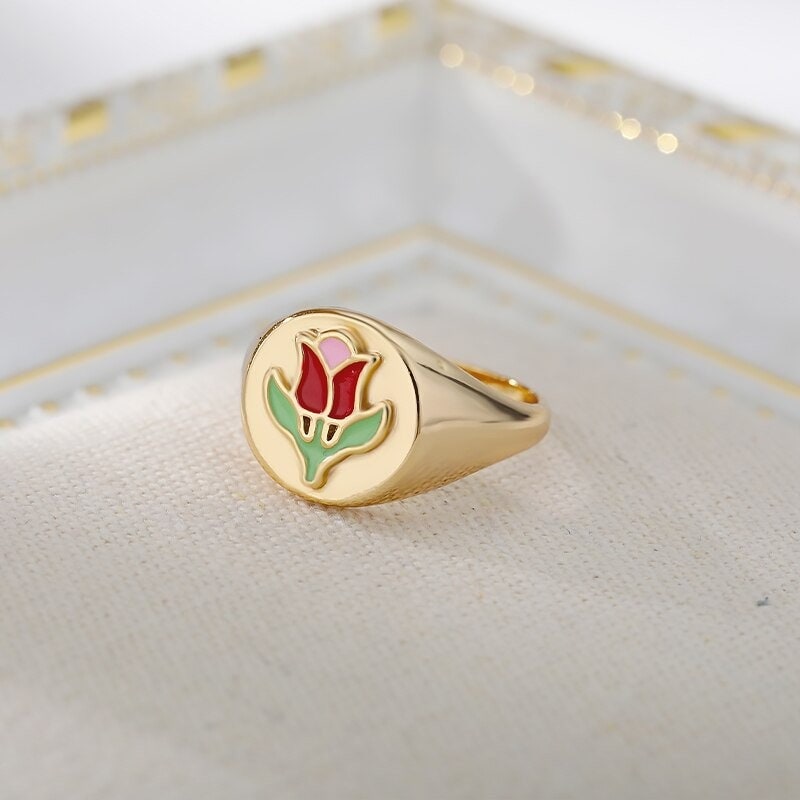18K Gold Tulip Ring, Gold Flower Ring, Flower Signet Ring, Tulip Signet Ring, Korean Fashion Ring for Women, Gift for Her