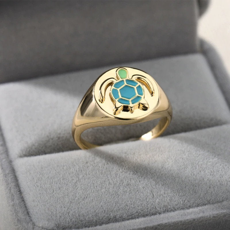 Boho Cute Turtle Signet, 18K Gold Yogi Stackable Ring, Dainty Minimalist Jewelry, Delicate Handmade for Women, Gift for Her
