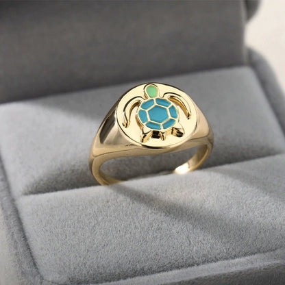 Boho Cute Turtle Signet, 18K Gold Yogi Stackable Ring, Dainty Minimalist Jewelry, Delicate Handmade for Women, Gift for Her