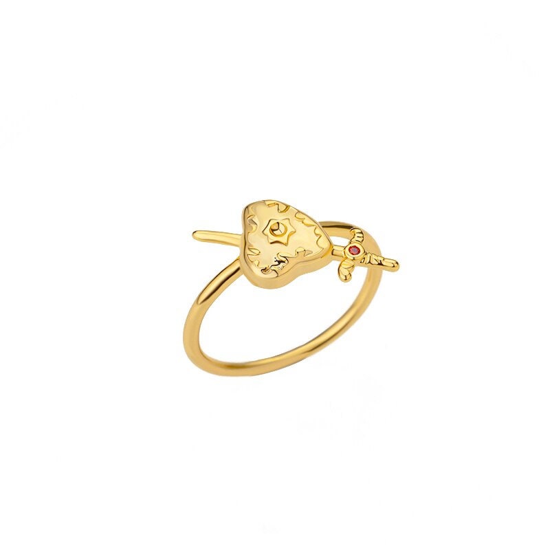 18K Gold Sword Ring, Gothic Heart Ring, Dagger Charm Ring