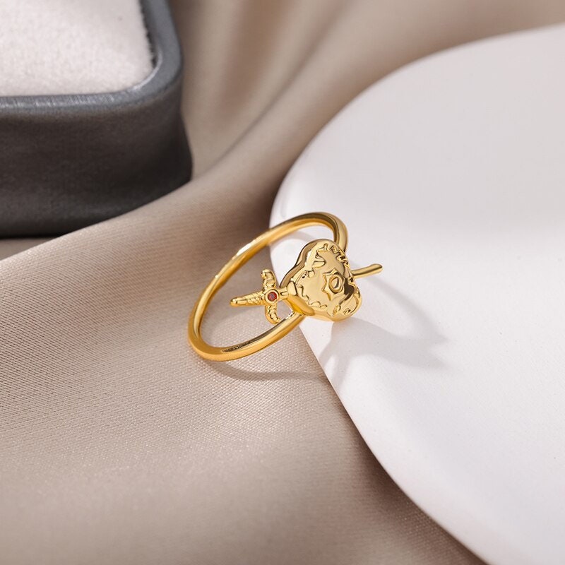 18K Gold Sword Ring, Gothic Heart Ring, Dagger Charm Ring