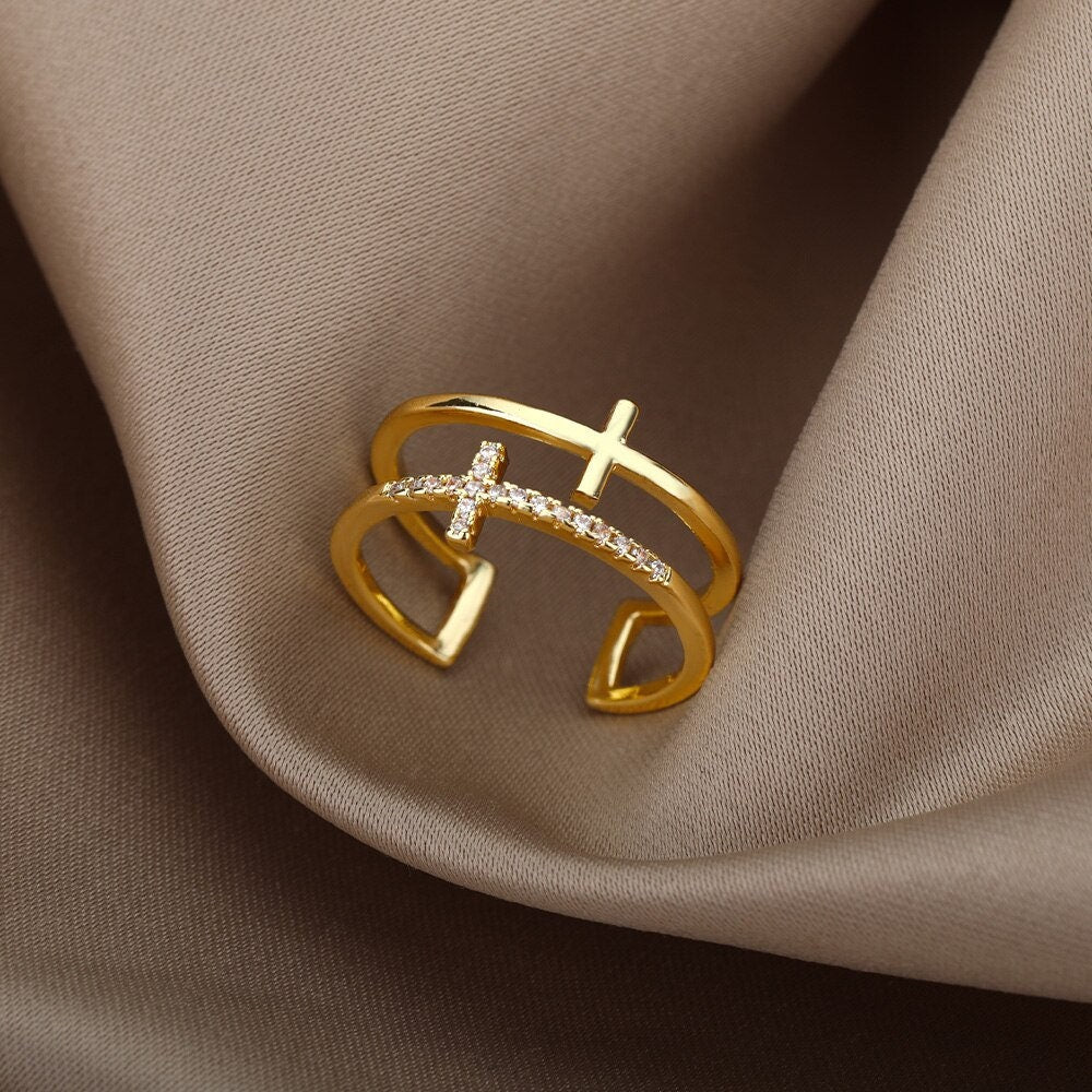 Catholic Cross Ring, 18K Gold Stackable, Christian Jesus Dainty Minimalist Jewelry, Religious Delicate Handmade for Women, Gift for Her