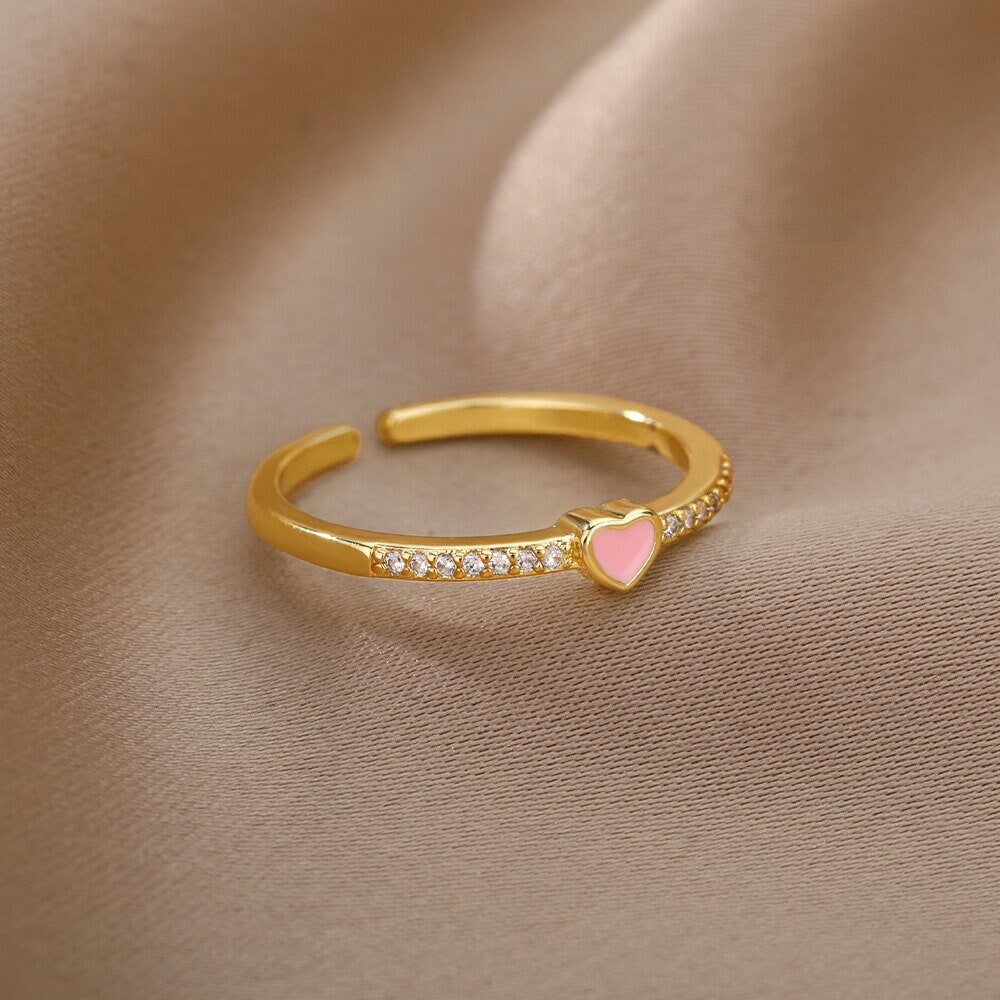 Dainty Heart Ring, Pink Heart Ring, 18K Gold Heart Ring, Cute Heart Fashion Ring for Women, Gift for Her