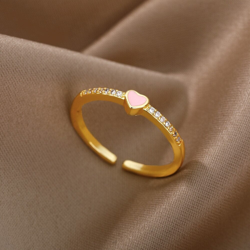 Dainty Heart Ring, Pink Heart Ring, 18K Gold Heart Ring, Cute Heart Fashion Ring for Women, Gift for Her