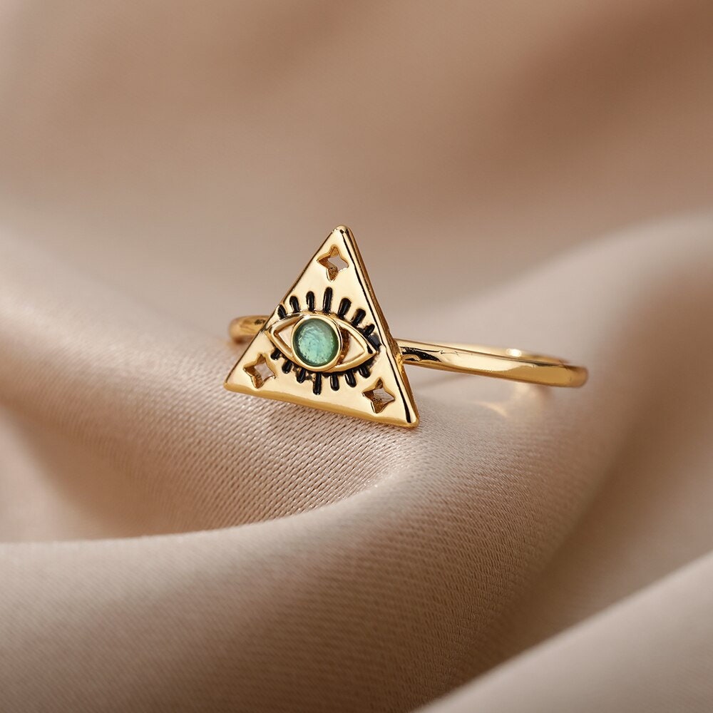 Gothic Evil Eye Ring, 18K Gold Evil Eye Ring, Evil Eye Triangle Ring, Triangle Fashion Ring for Women, Gift for Her