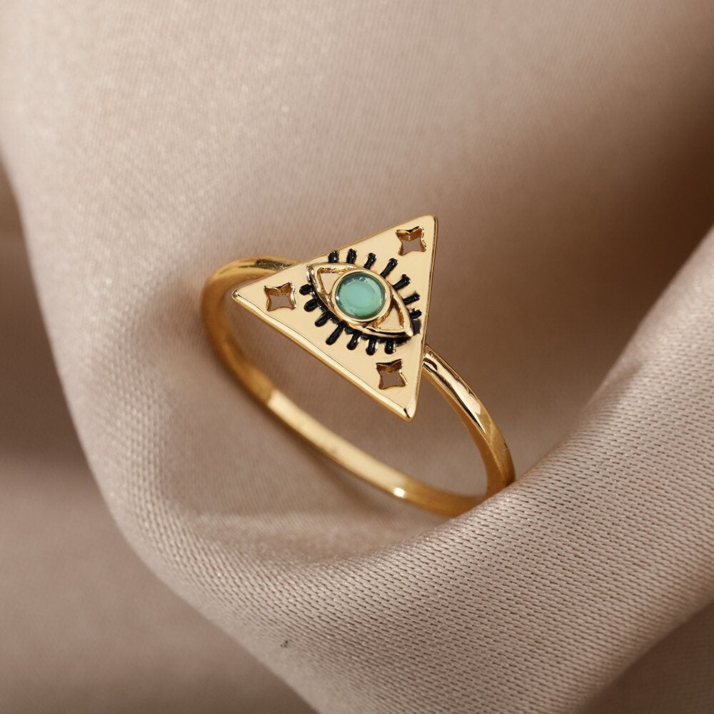 Gothic Evil Eye Ring, 18K Gold Evil Eye Ring, Evil Eye Triangle Ring, Triangle Fashion Ring for Women, Gift for Her