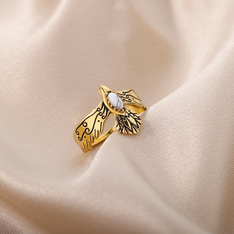 Punk Moonstone Eagle, 18K Gold Gothic Stackable Ring, Dainty Minimalist Jewelry, Delicate Handmade for Women, Gift for Her