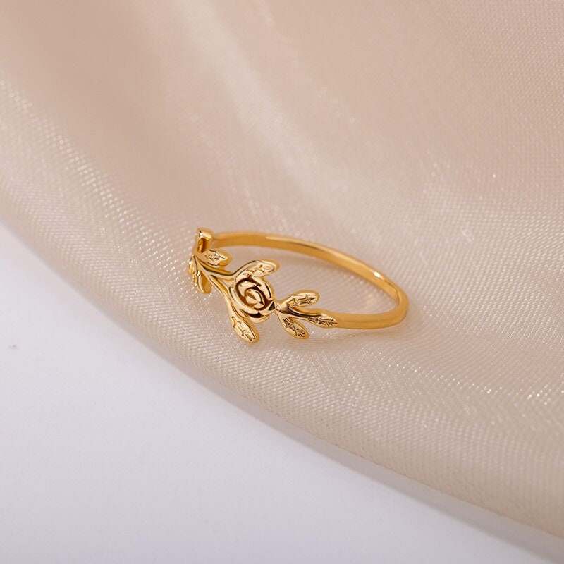 18K Gold Leaf Ring, Hippie Leaf Ring, Peace Ring, Hippie Fashion Ring for Women, Gift for Her