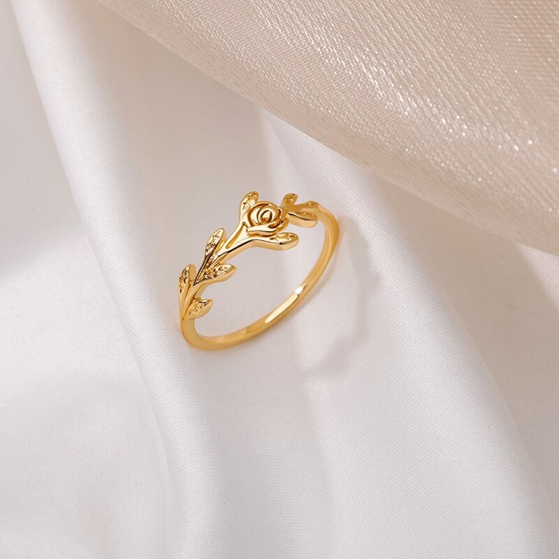 18K Gold Leaf Ring, Hippie Leaf Ring, Peace Ring, Hippie Fashion Ring for Women, Gift for Her