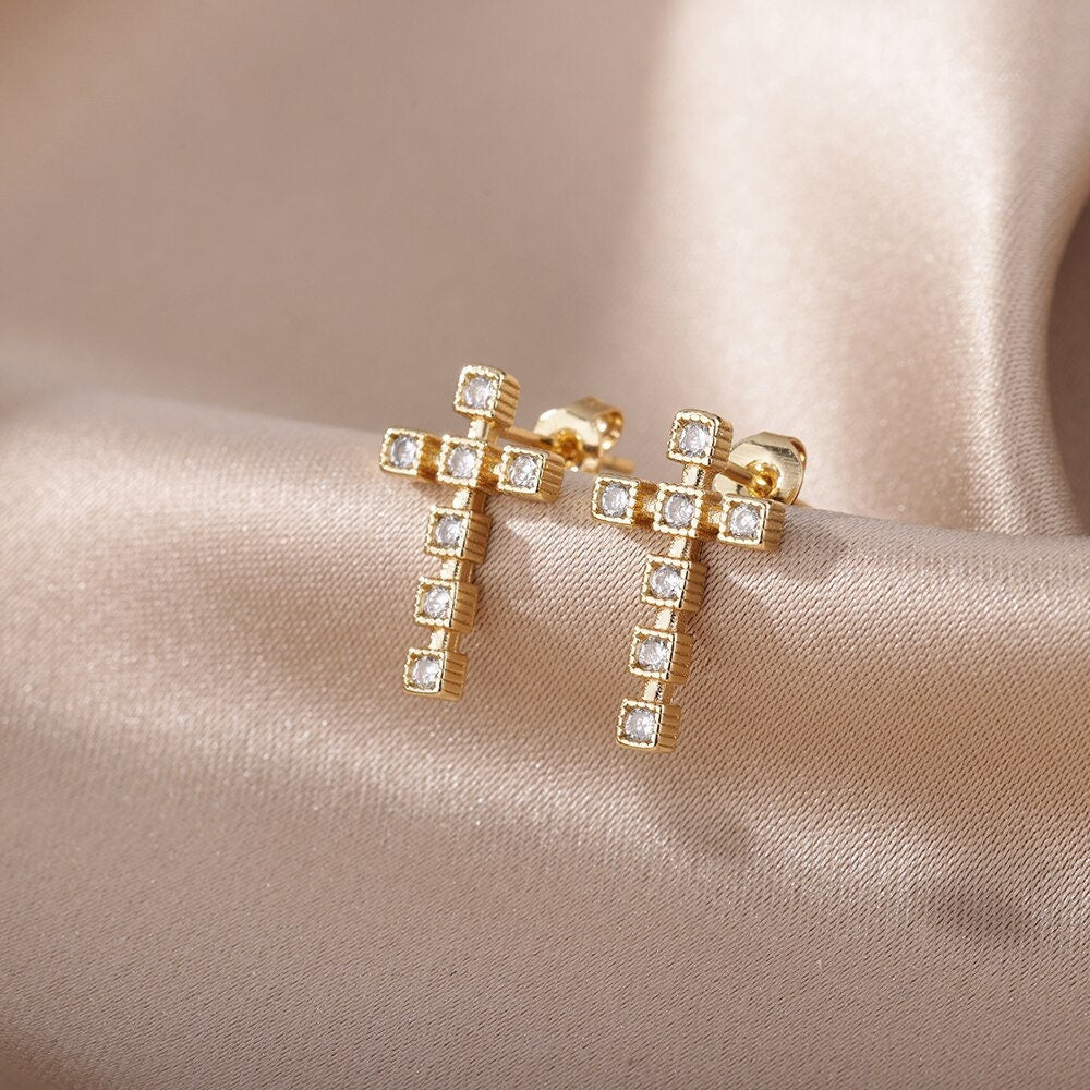 18K Gold Crystal Cross Earrings, Multicolor Cross Earrings, Cross Stud Earrings, Christian Earrings for Women, Gift for Her