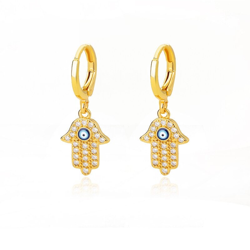 Gothic Evil Eye Earrings, Fatima Drop Earrings, Hamsa Drop Earrings, 18K Gold Evil Eye Earrings for Women, Gift for Her