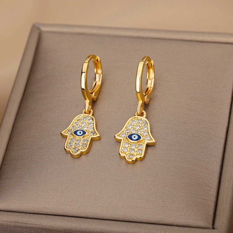 18K Gold Evil Eye Earrings, Fatima Earrings, Hamsa Earrings, Gothic Evil Eye Earrings for Women, Gift for Her