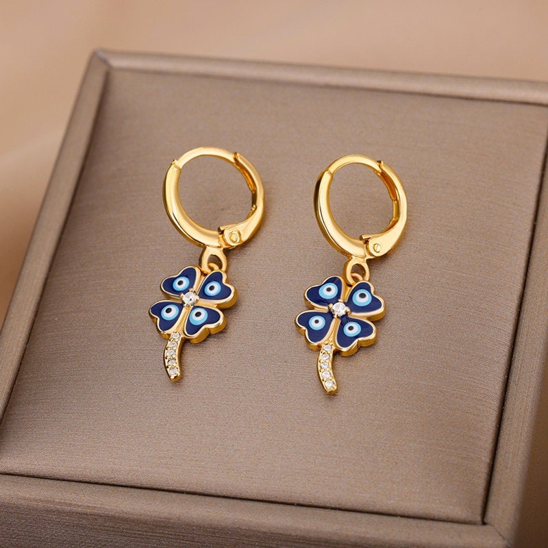 Evil Eye Clover Earrings, 18K Gold Evil Eye Earrings, Gothic Evil Eye Earrings for Women, Gift for Her