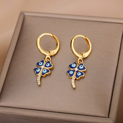 Evil Eye Clover Earrings, 18K Gold Evil Eye Earrings, Gothic Evil Eye Earrings for Women, Gift for Her