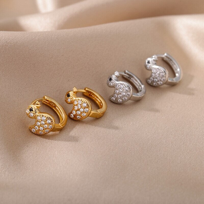Cute Duck Stud Earrings, 18K Gold Duck Earrings, Crystal Duck Earrings, Fashion Cute Earrings for Women, Gift for Her