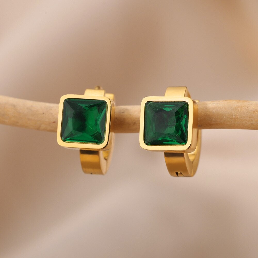 Square Crystal Stud Earrings, 18K Gold Square Stud Earrings, Fashion Earrings for Women, Gift for Her