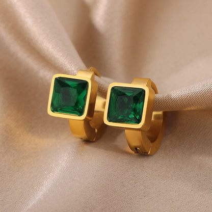 Square Crystal Stud Earrings, 18K Gold Square Stud Earrings, Fashion Earrings for Women, Gift for Her