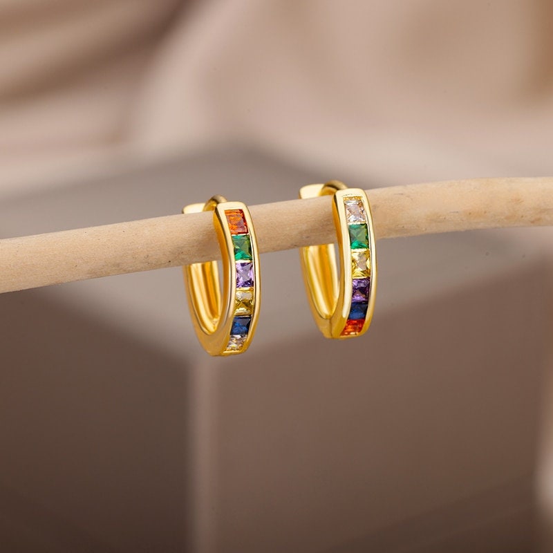 Crystal Hoop Earrings, 18K Gold Hoop Earrings, Green Hoops Earrings, Fashion Earrings for Women, Gift for Her