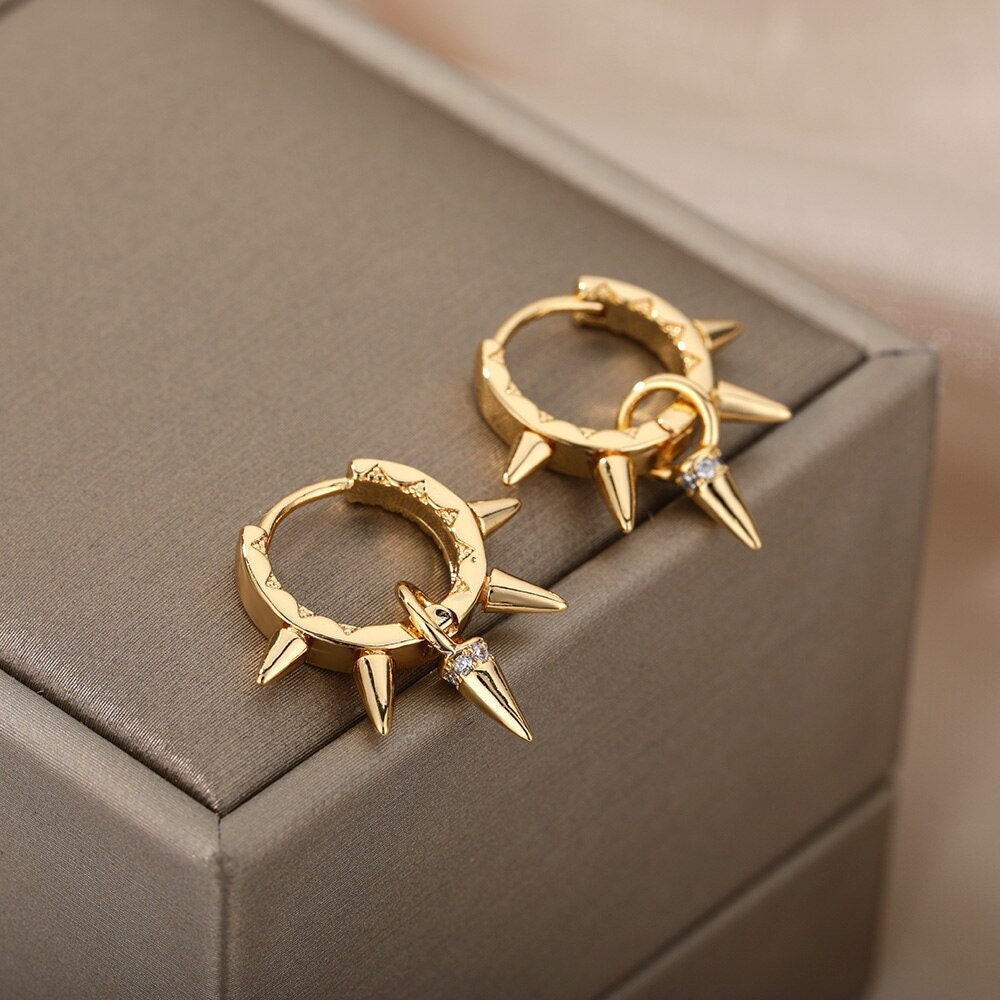 Punk Spiked Hoops, Gothic Spike Hoop Earrings for Women, 18K Gold Plated Dainty