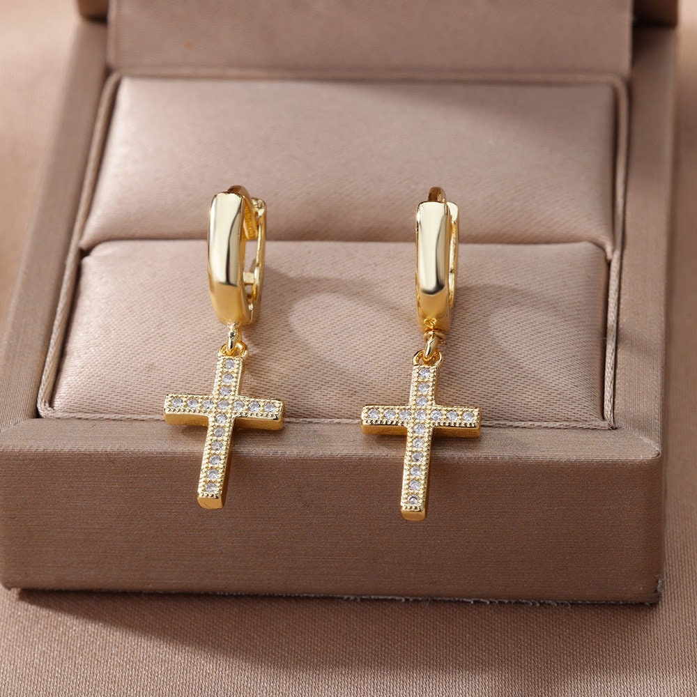 Cross Dangle Earrings, 18K Gold Cross Earrings, Jesus Earrings, Christian Earrings for Women, Gift for Her