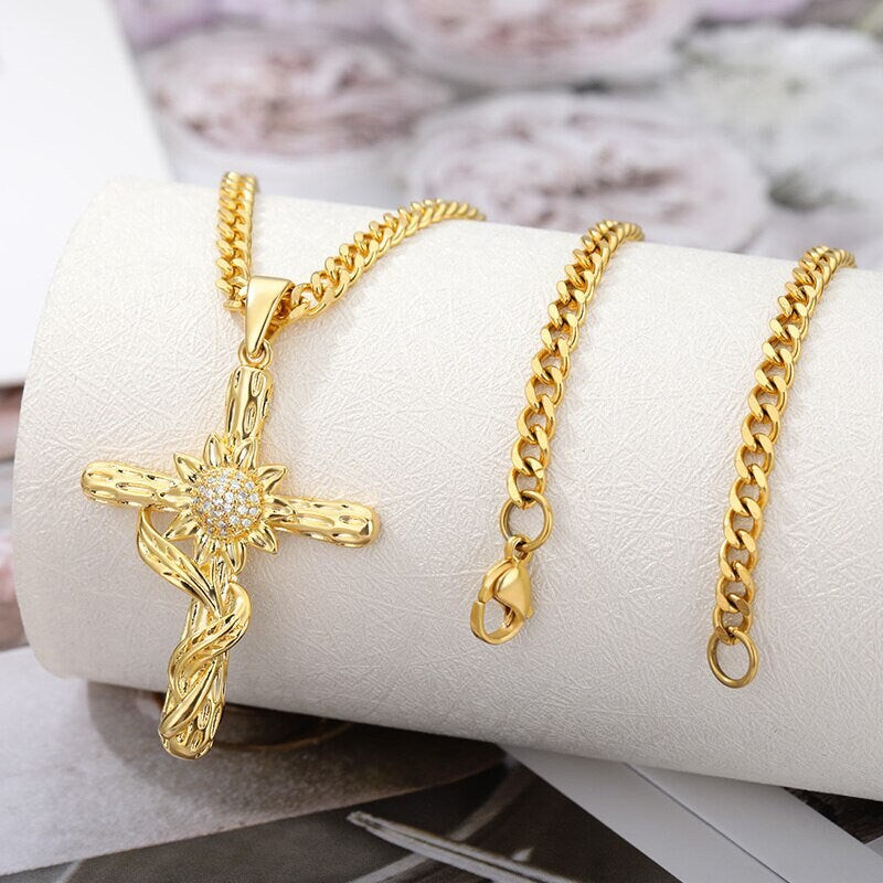 18K Gold Sunflower Necklace, Gold Cross Necklace, Christian Necklace for Women, Gift for Her