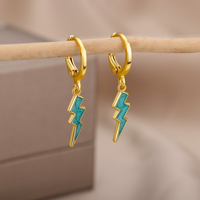 Thunder Bolt Earrings, 18K Gold Thunder Earrings, Enamel Thunder Earrings, Punk Fashion for Women, Gift for Her