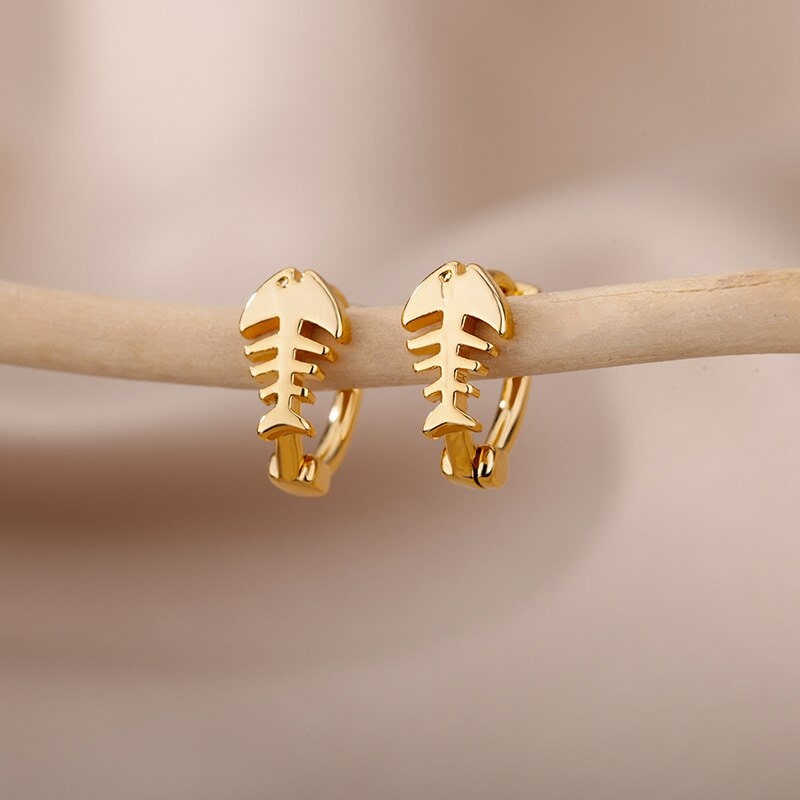 Punk Bones Earrings, Cute Fish Bones Earrings, 18K Gold Bones Earrings, Punk Fashion for Women, Gift for Her