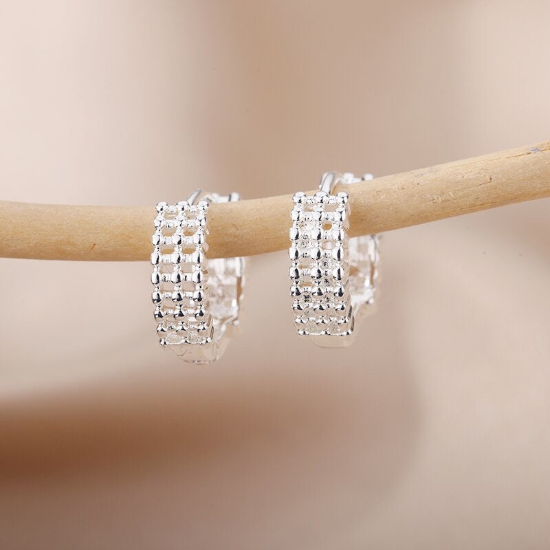 Link Hoop Earrings, 18K Gold Link Hoop Earrings, Beaded Link Earrings, Punk Earrings for Women, Gift for Her