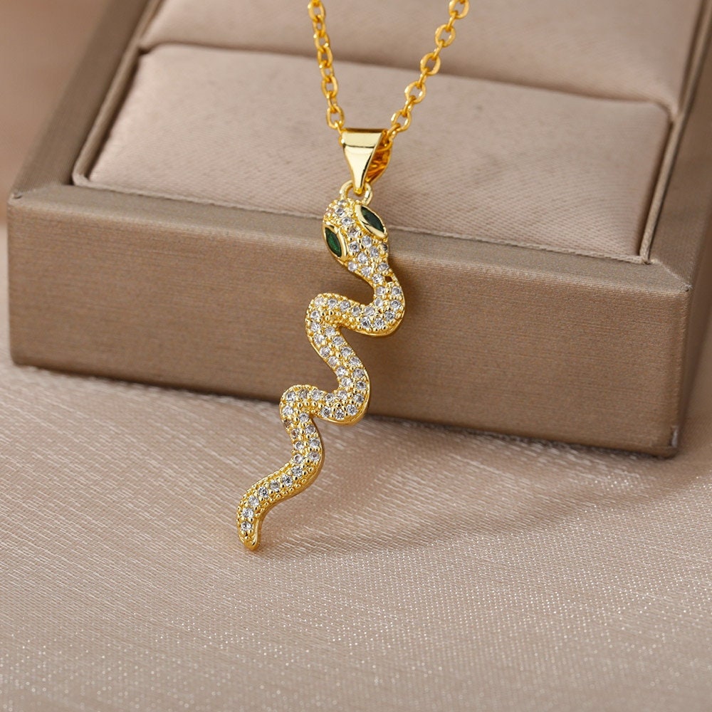 18K Gold Snake Necklace, Crystal Snake Pendant, Snake Fashion Necklace for Women, Gift for Her