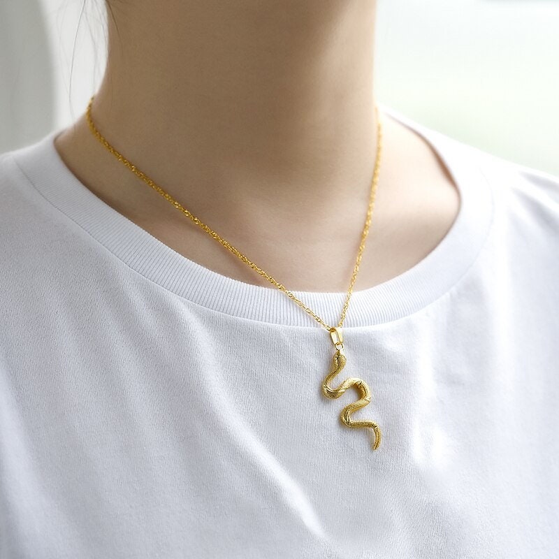 18K Gold Snake Pendant, Gold Snake Charm, Gold Snake Necklace, Punk Snake Fashion Necklace for Women, Gift for Her