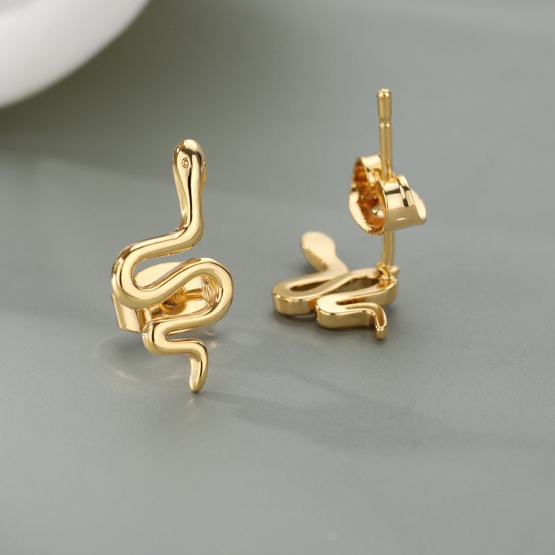 Gold Snake Studs, 18K Gold Everyday Earrings, Dainty Minimalist Jewelry, Punk Gothic Delicate Handmade  for Women, Gift for Her
