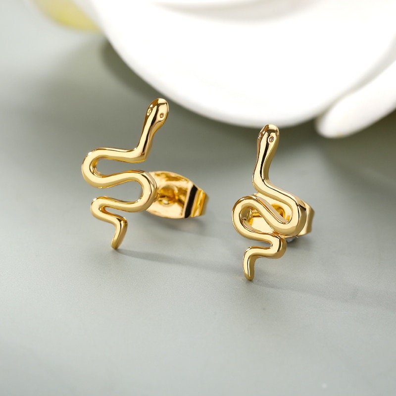 Gold Snake Studs, 18K Gold Everyday Earrings, Dainty Minimalist Jewelry, Punk Gothic Delicate Handmade  for Women, Gift for Her