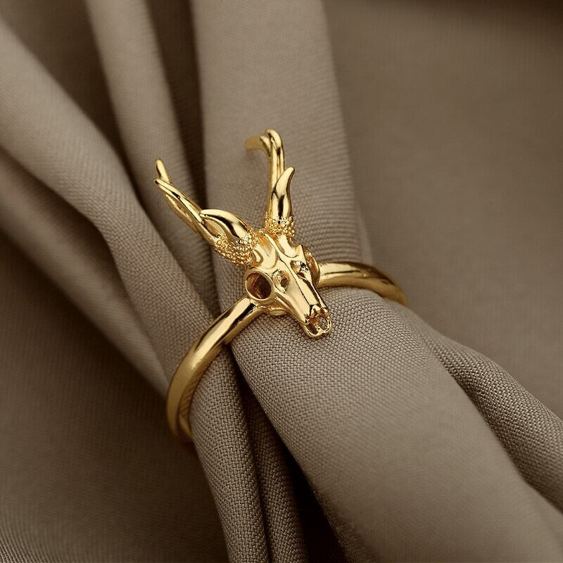 18K Gold Gothic Deer Antelope Skull Ring, Punk Skull Ring, Deer Skull Ring