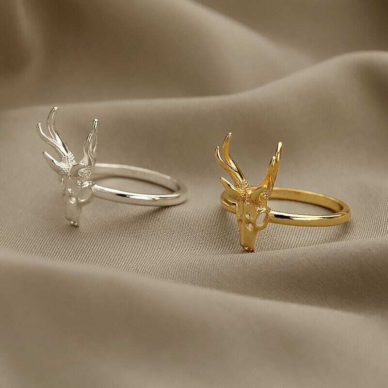 18K Gold Gothic Deer Antelope Skull Ring, Punk Skull Ring, Deer Skull Ring