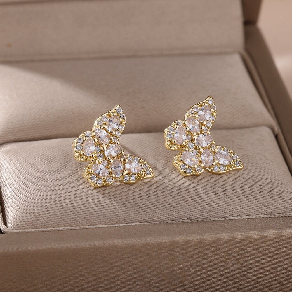 Crystal Butterfly Earrings, 18K Gold Butterfly Stud Earrings, Delicate Butterfly Earrings for Women, Gift for Her