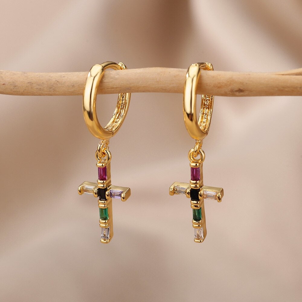 Crystal Cross Drop Earrings, 18K Gold Cross Earrings, Multicolor Cross Earrings for Women, Gift for Her