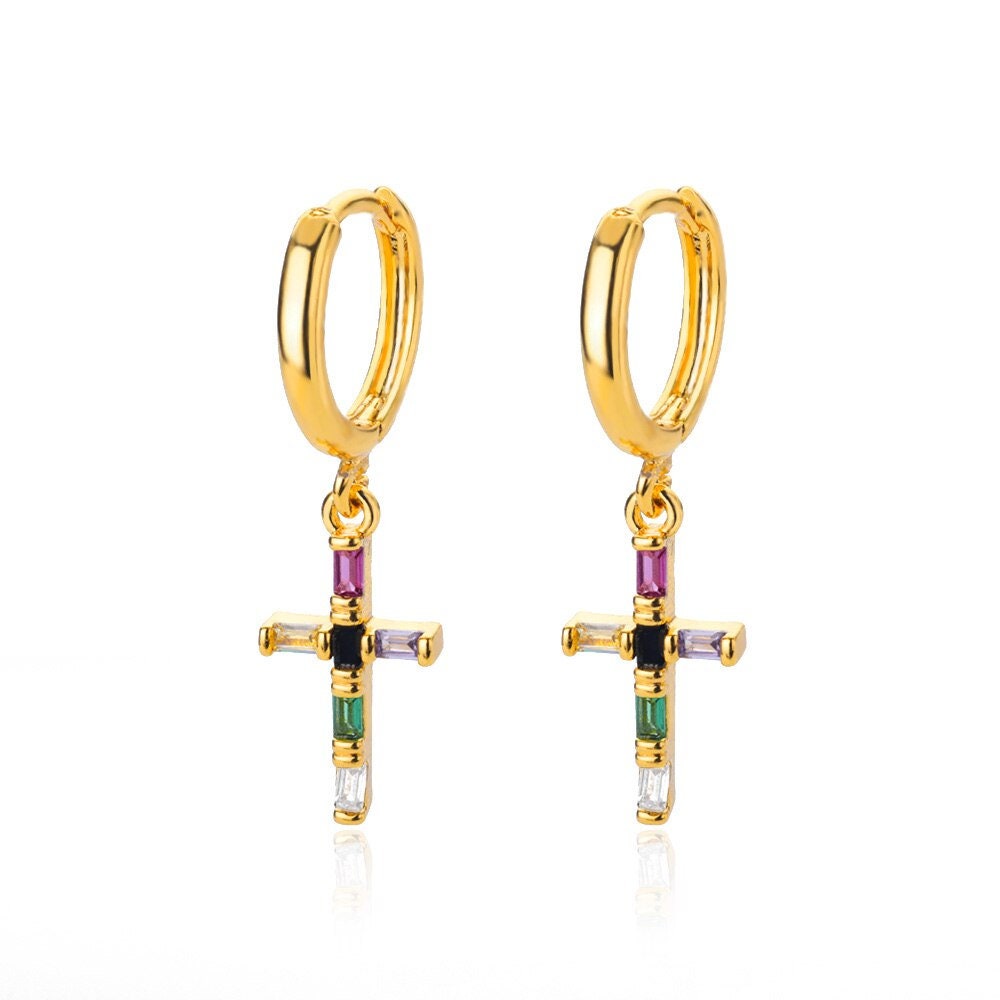 Crystal Cross Drop Earrings, 18K Gold Cross Earrings, Multicolor Cross Earrings for Women, Gift for Her