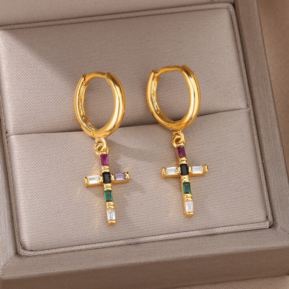 Crystal Cross Drop Earrings, 18K Gold Cross Earrings, Multicolor Cross Earrings for Women, Gift for Her