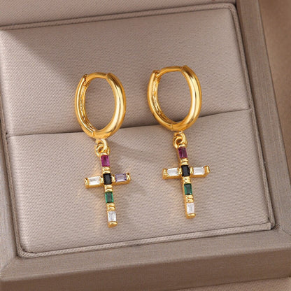 Crystal Cross Drop Earrings, 18K Gold Cross Earrings, Multicolor Cross Earrings for Women, Gift for Her